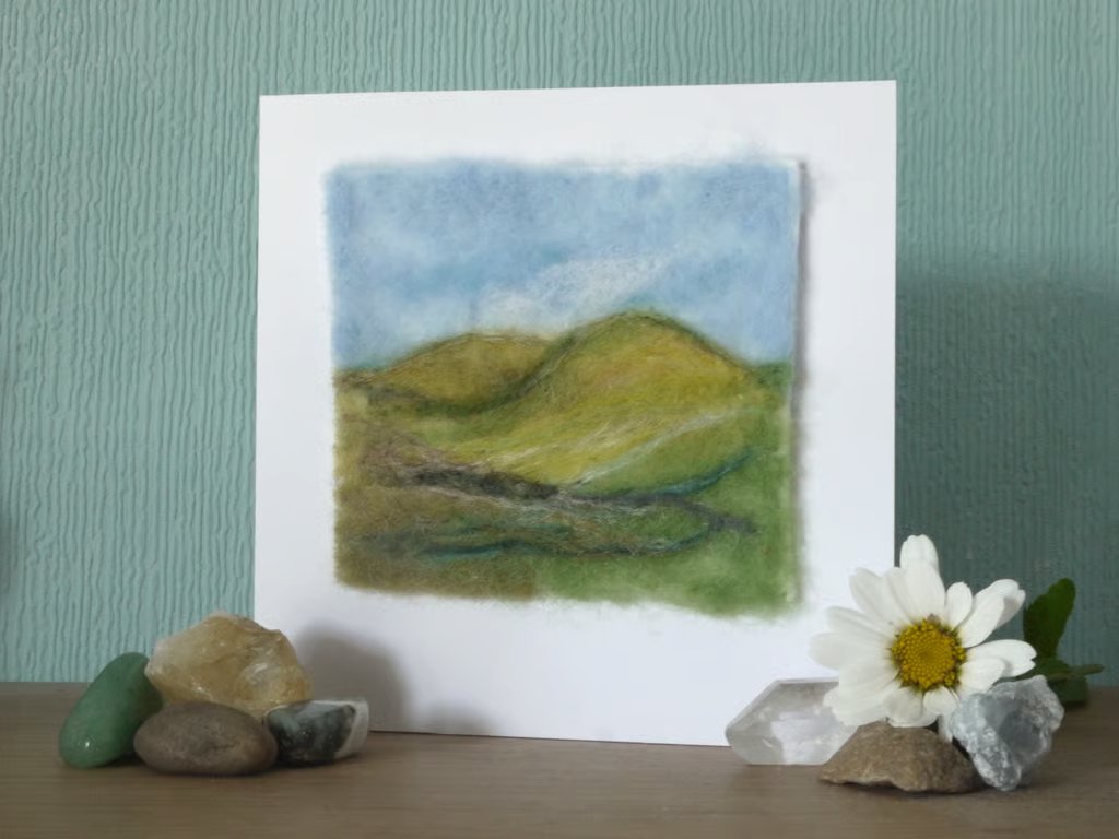 Handmade needle felted ' Summer hills' blank greetings card