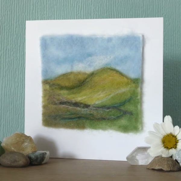 Handmade needle felted ' Summer hills' blank greetings card