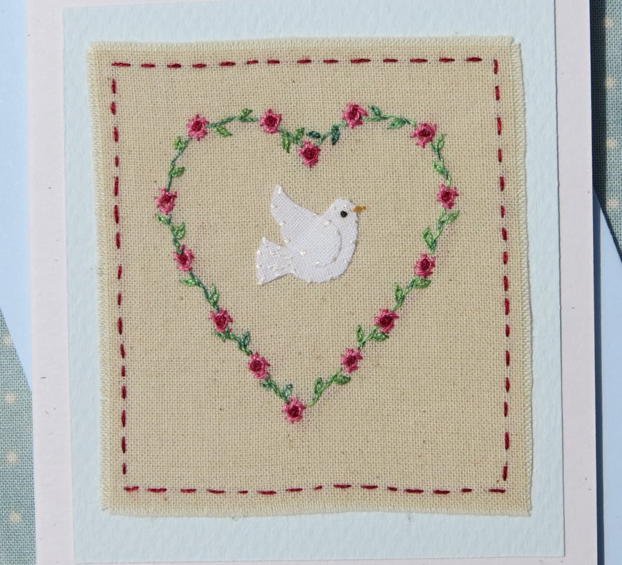 Hand embroidered miniature on card 'Dove with Love'