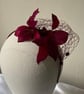 Jo - Claret Feather Flower Fascinator Headband with Merrywidow Veiling  - Image 2