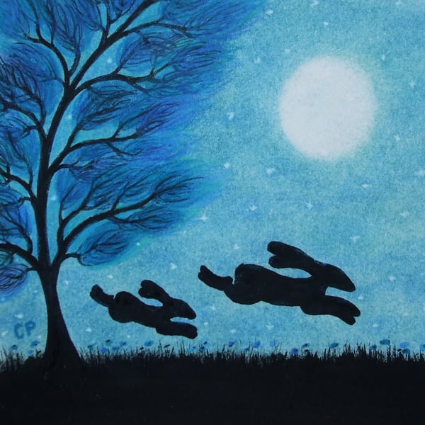 Bunny Rabbit Card, Moon Hare Tree Art Card, Son, Daughter, Dad Mum Greeting Card