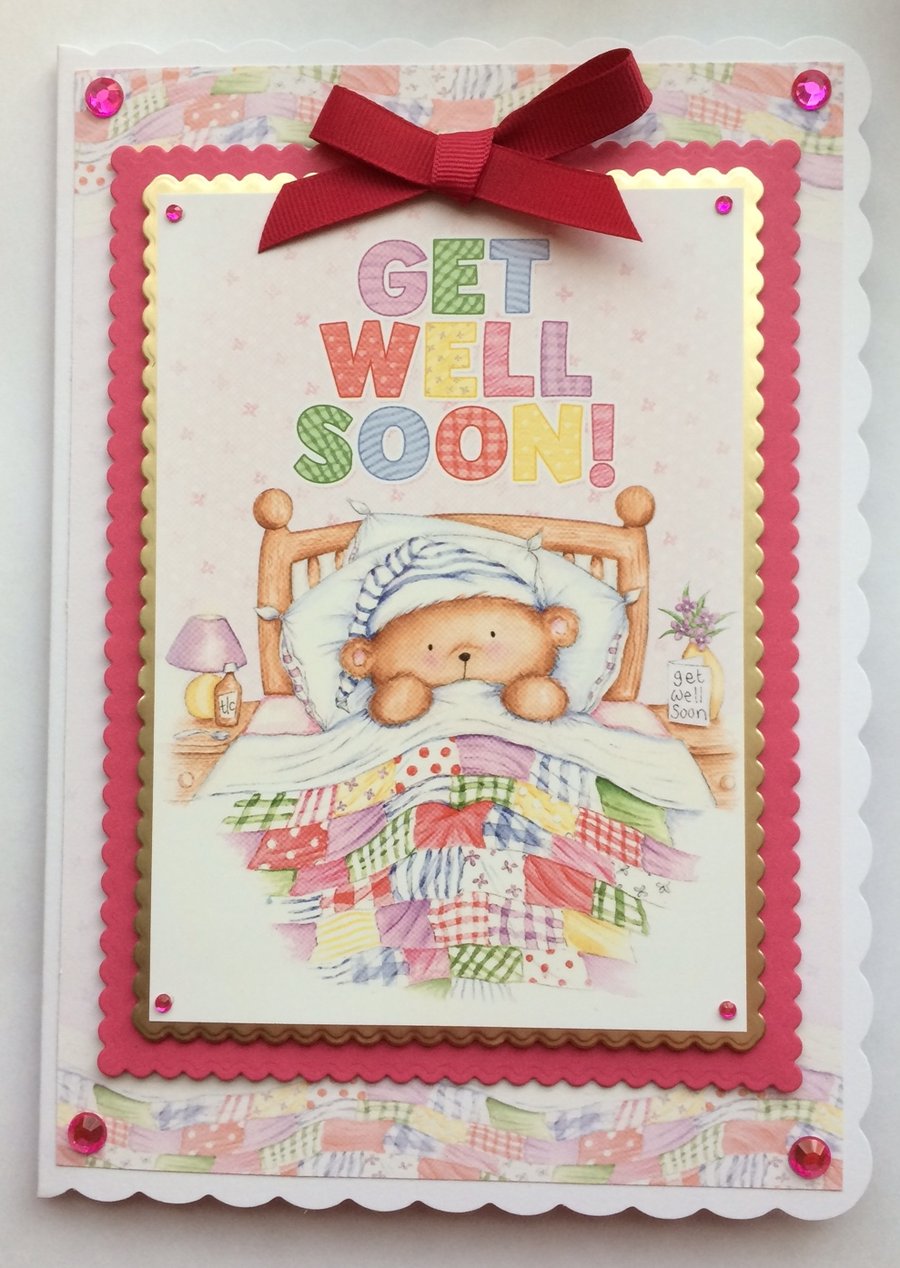 Get Well Card Get Well Soon Teddy Bear in Bed Pink 3D Luxury Handmade Card