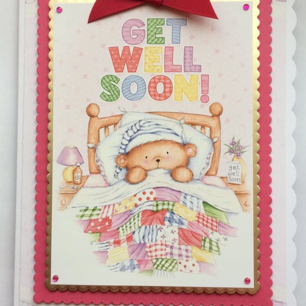 Get Well Card Get Well Soon Teddy Bear in Bed Pink 3D Luxury Handmade Card