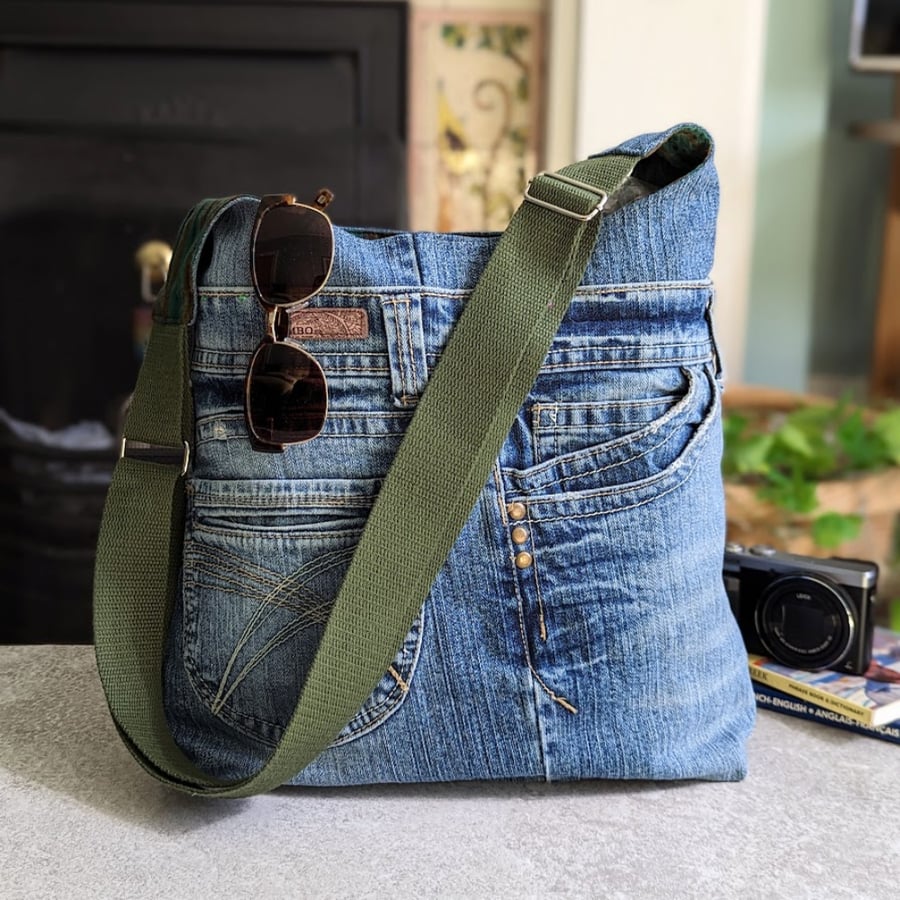 Upcycled Denim Bucket Bag with Green Lining