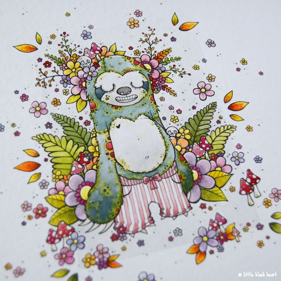 sleepy floral autumn sloth - original A4 illustration