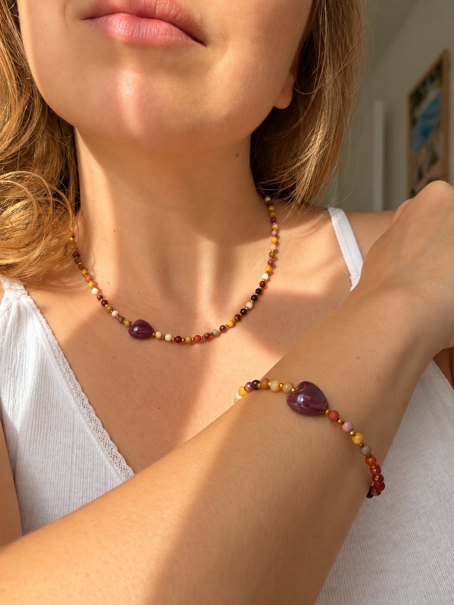 Handmade Natural Jasper Bracelet with Ceramic Heart Bead