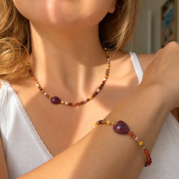 Handmade Natural Jasper Bracelet with Ceramic Heart Bead