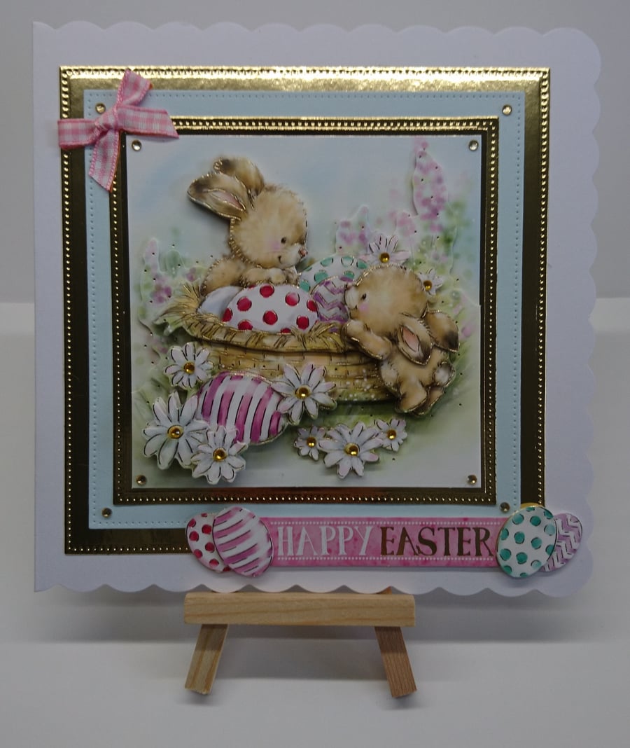 Easter Card Happy Easter Cute Bunnies in a Basket of Easter Eggs