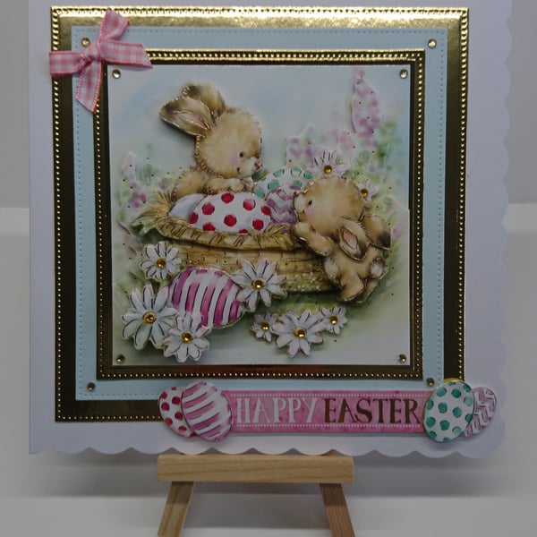 Easter Card Happy Easter Cute Bunnies in a Basket of Easter Eggs