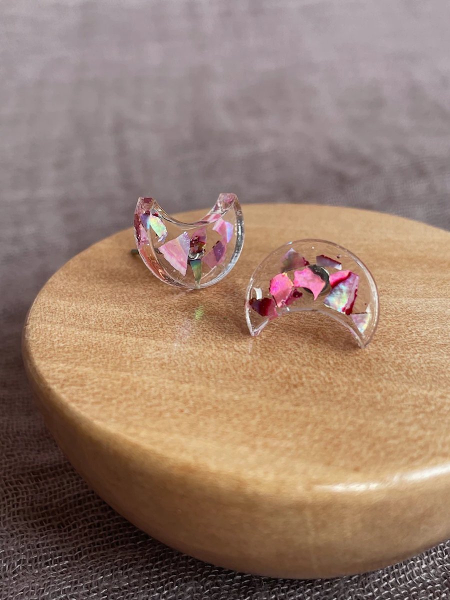 Handmade preserved flower resin moon earrings, gift for her