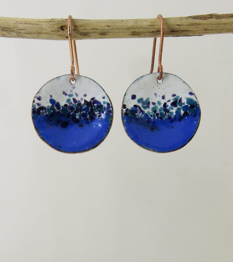 Copper Textured Dangle Earrings in Blue and White with Glass Sprinkles