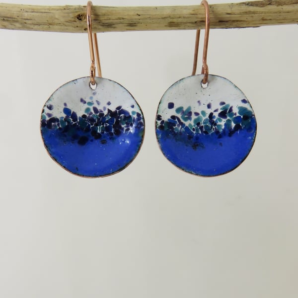 Copper Textured Dangle Earrings in Blue and White with Glass Sprinkles
