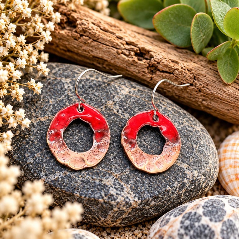 Handmade Enamel Hammered ring Earrings Red, Green or Blue