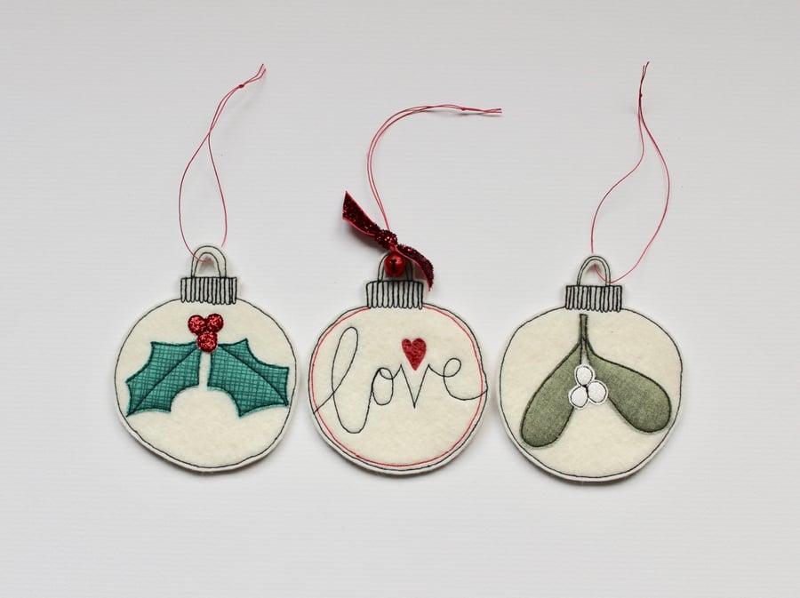 Three Wool Felt Christmas Baubles - Hanging Decorations