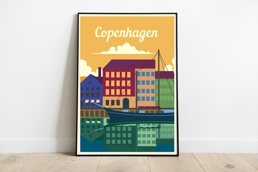 Copenhagen retro travel poster, Denmark travel poster