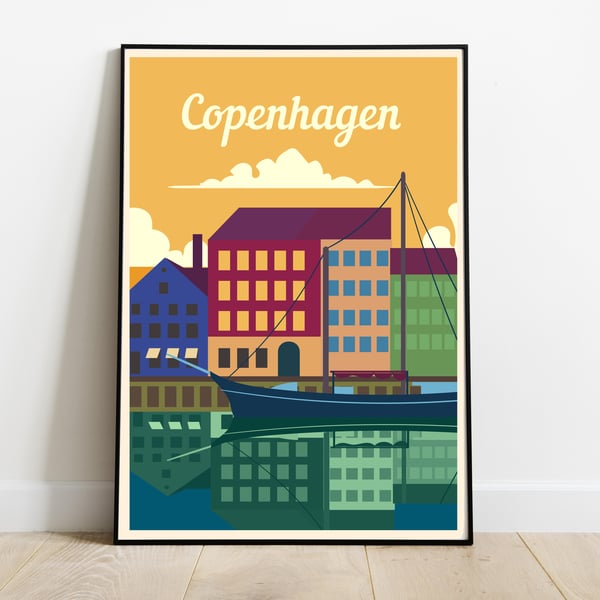 Copenhagen retro travel poster, Denmark travel poster