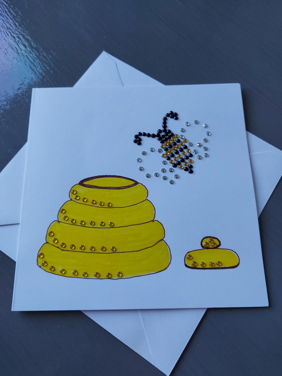 BEE and HONEY POT BLANK CARD, hand sparkled, hand made, Bee, honey pot