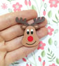 Rudolph Pin Badge, Christmas Reindeer Brooch, Festive Wooden Badge - Image 2