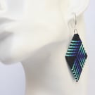 Diamond Shaped Beaded Earrings with Blue, Black and Turquoise Design
