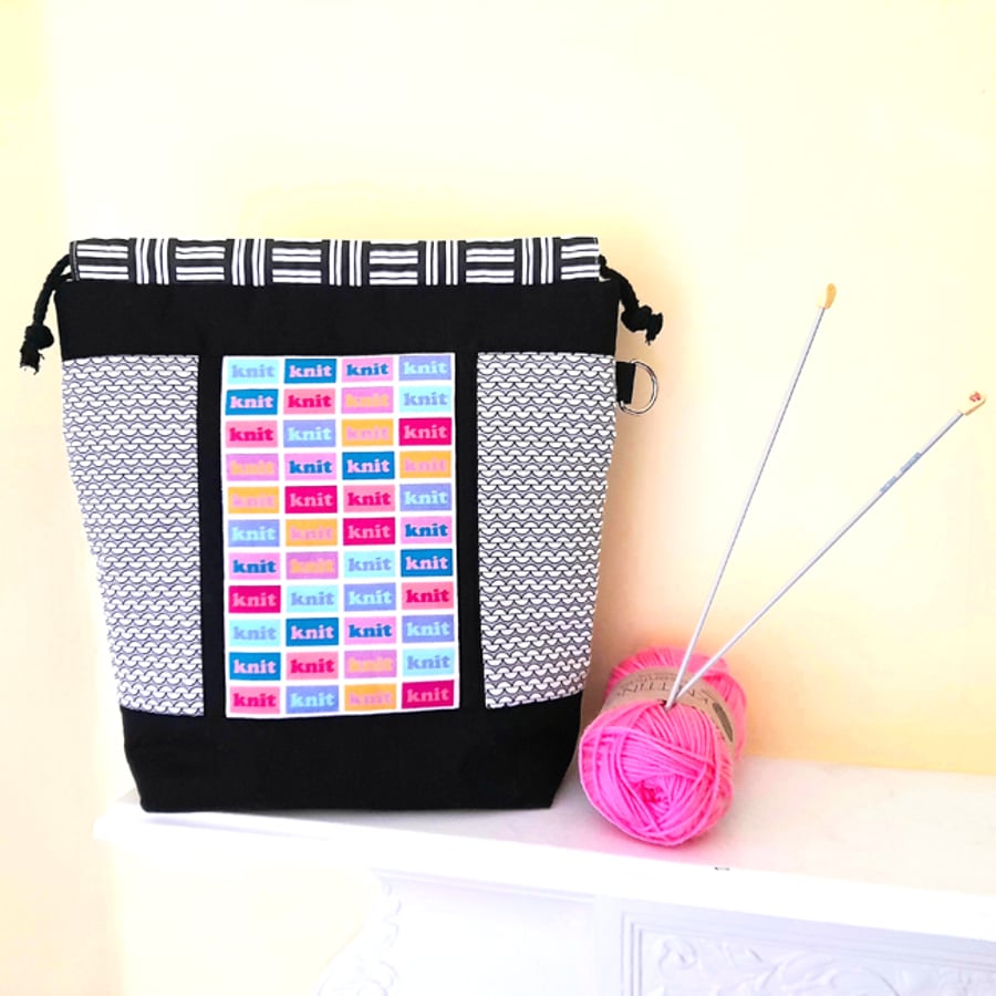 Knitting Project Bag with Knitting Theme Fabric