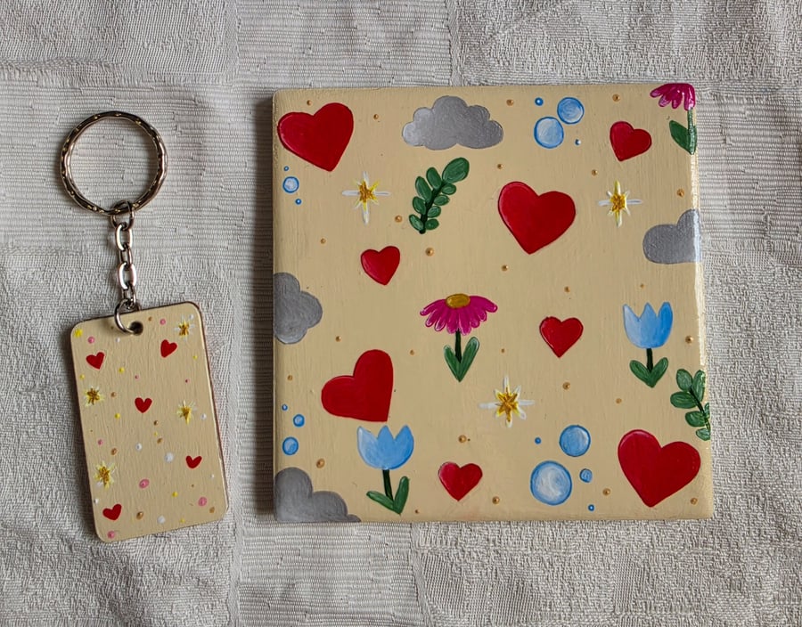 Hand Painted Ceramic Coaster & Matching Keyring Unique Handmade Gift Keepsake