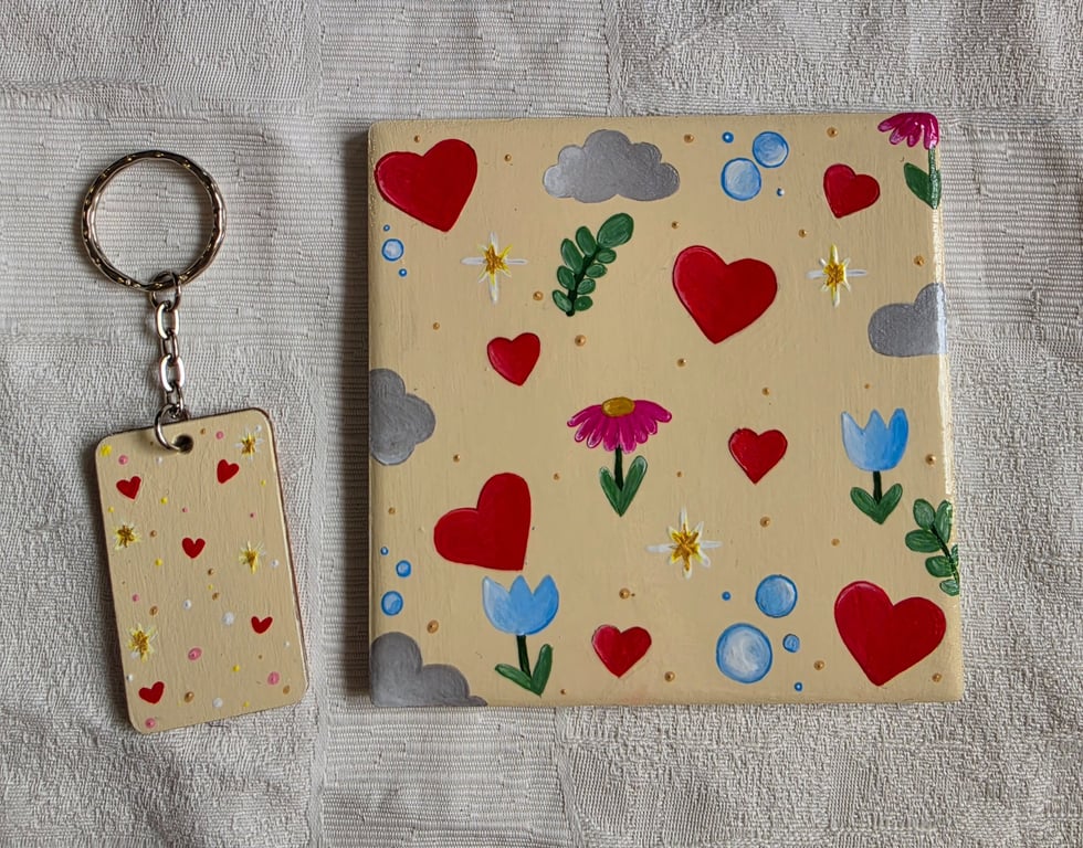 Hand Painted Ceramic Coaster & Matching Keyring Unique Handmade Gift Keepsake