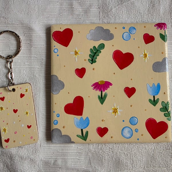 Hand Painted Ceramic Coaster & Matching Keyring Unique Handmade Gift Keepsake