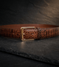 Mustard Tan Full Grain Crocodile Embossed Belt Gold-Tone Buckle Mens 38mm - Image 4
