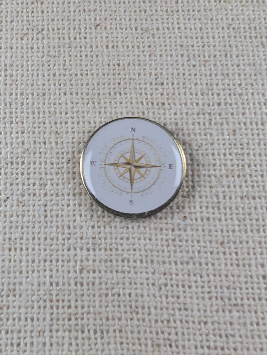 Gold Coloured Compass Pin - Travel Themed Badge - Large Resin Topped Pin Badge