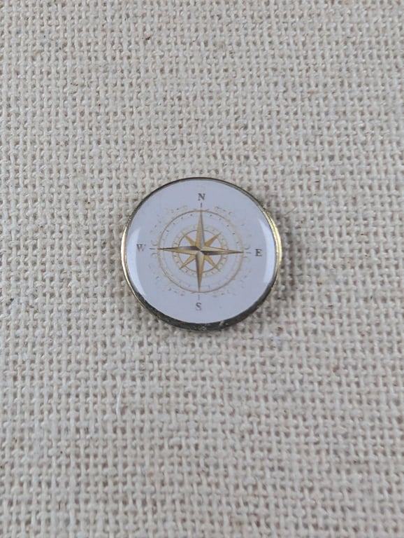 Gold Coloured Compass Pin - Travel Themed Badge - Large Resin Topped Pin Badge