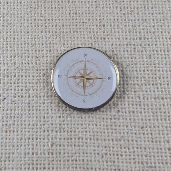 Gold Coloured Compass Pin - Travel Themed Badge - Large Resin Topped Pin Badge