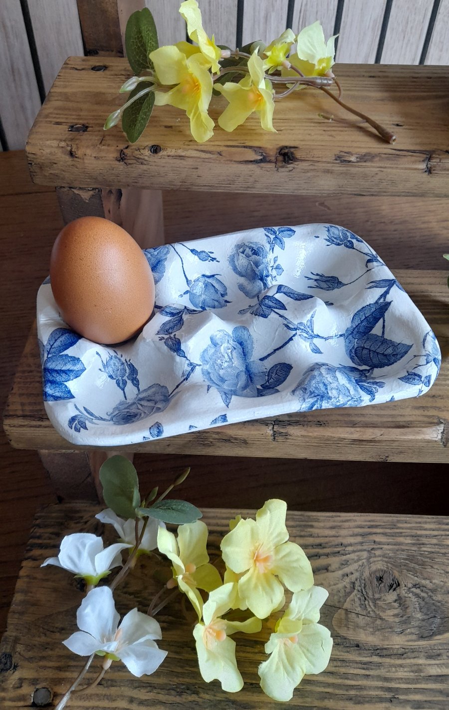 Floral Blue Clay 6 Egg Holder Shabby Chic 