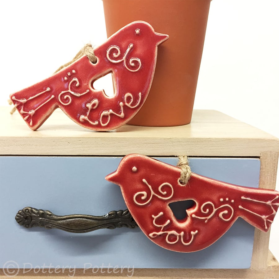 Set of two ceramic lovebird decorations folk art 