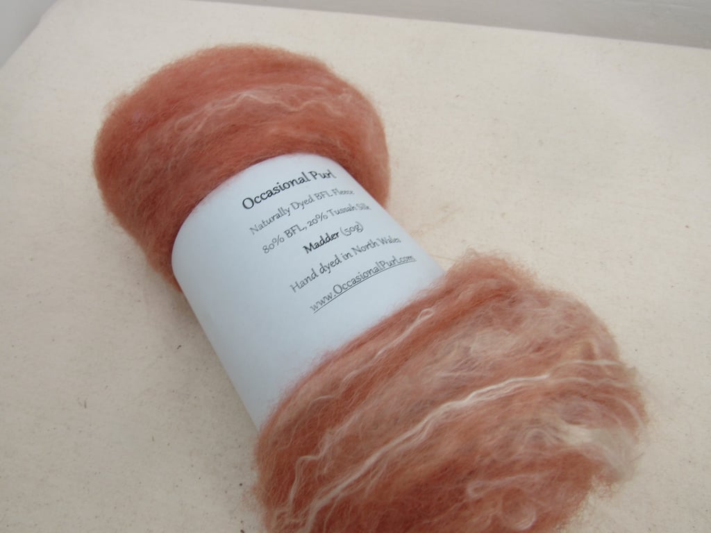 50g Madder Orange Naturally Dyed BFL and Silk Wool Batt