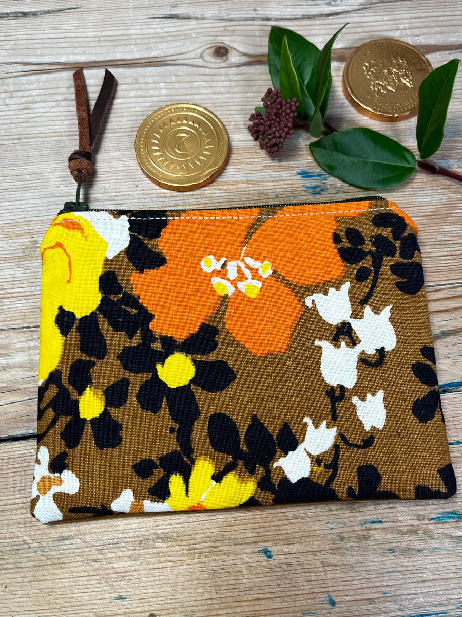 Bright vintage floral coin purse zip pouch reclaimed seventies fabric