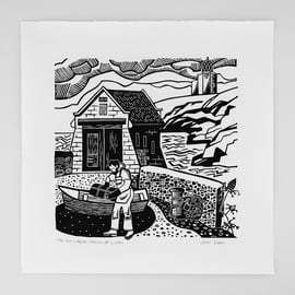 The Old Lifeboat Station at Lizard, Cornwall, linocut