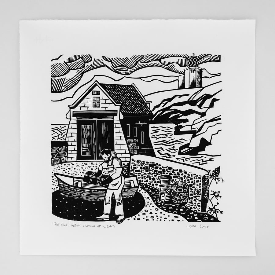 The Old Lifeboat Station at Lizard, Cornwall, linocut