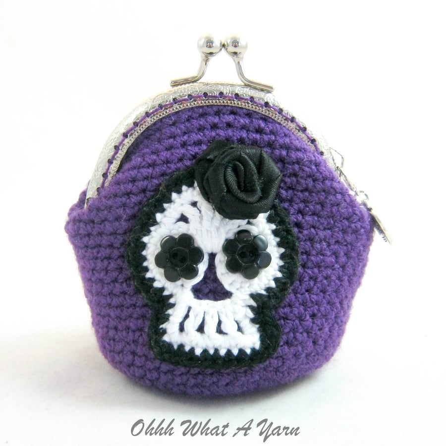 Purple and black crochet sugar skull coin purse