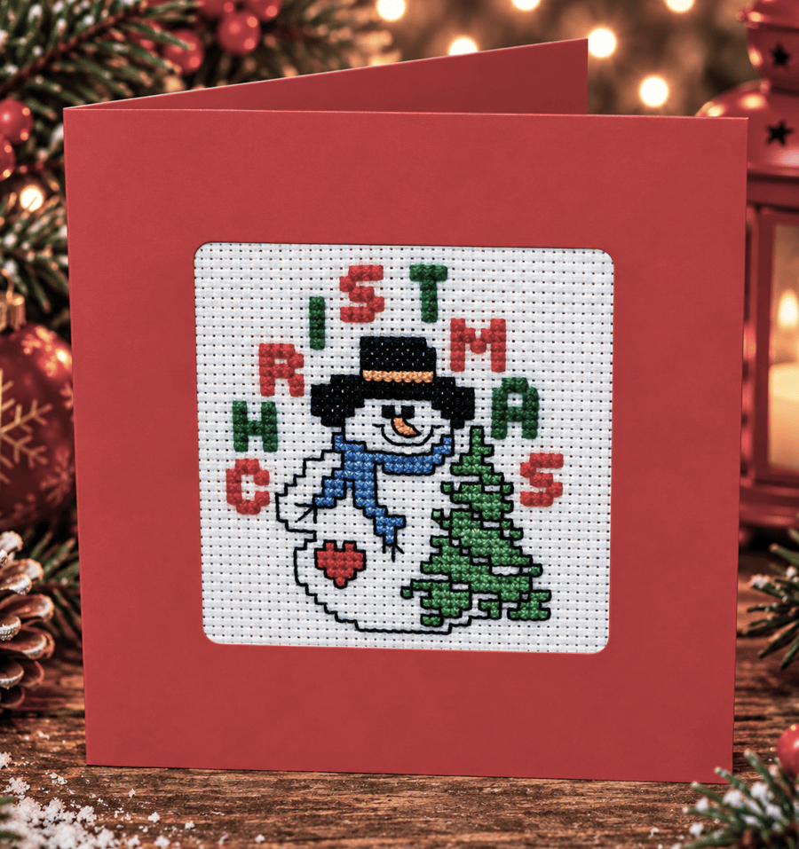 Handmade Cross Stitch Snowman & Christmas Tree Card – 5 x 5 Inch