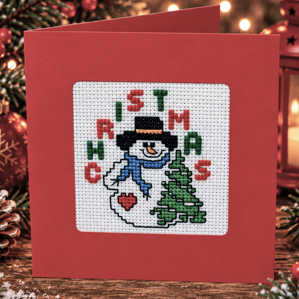 Handmade Cross Stitch Snowman & Christmas Tree Card – 5 x 5 Inch