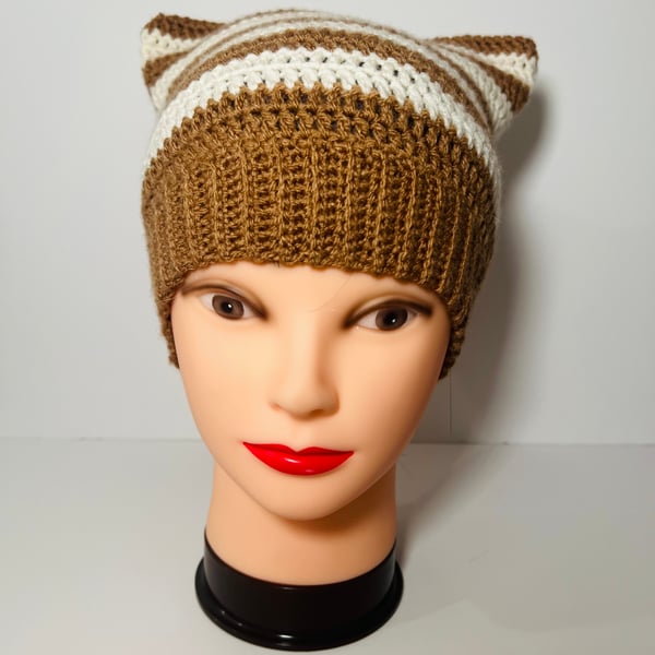 Handmade Winter Striped Cat Beanie Outdoor  Casual Fashion  Hat Pullover Cap