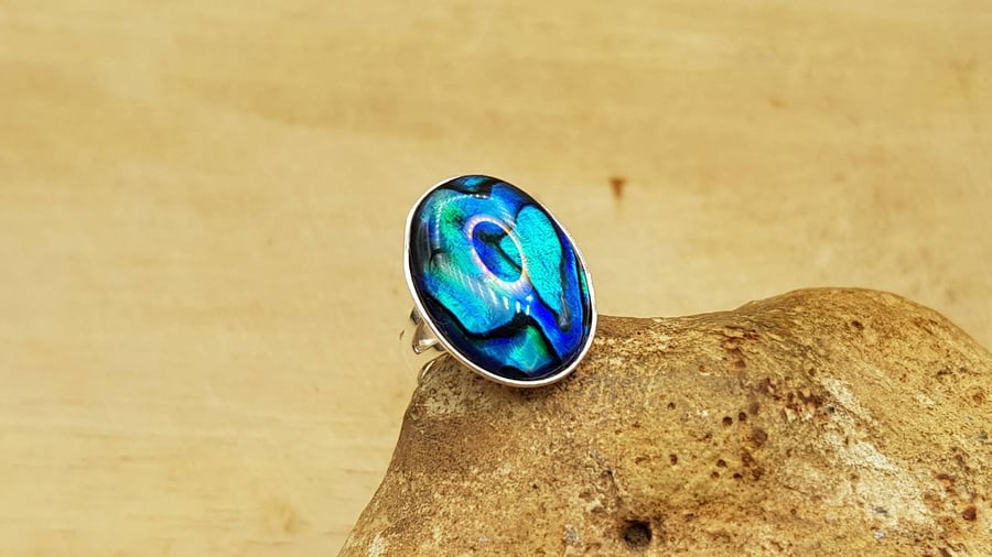 Blue Abalone ring. Sterling adjustable Blue Paua shell ring. Reiki jewelry