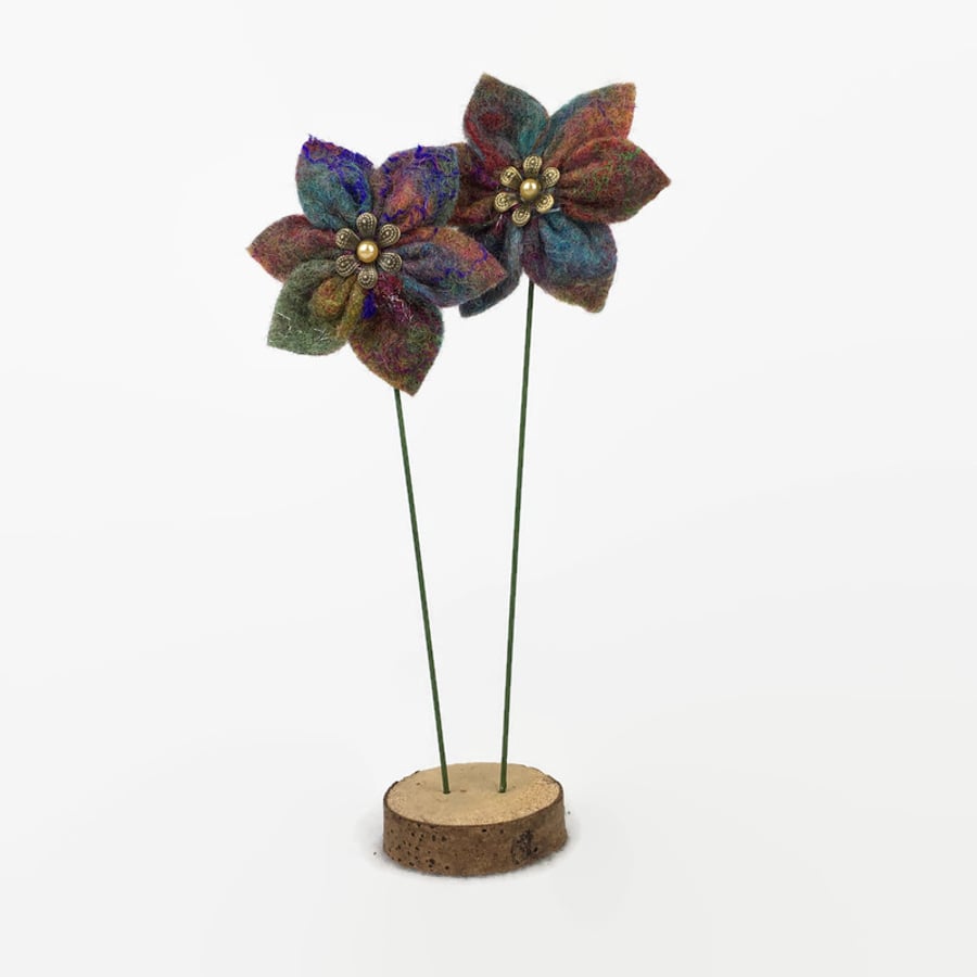 Felted flower decoration, 2 blooms on wooden base