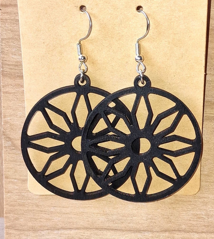 Black Wooden Wheel Earrings – Handmade Laser Cut Wooden Earrings, Geometric Boho