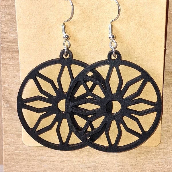 Black Wooden Wheel Earrings – Handmade Laser Cut Wooden Earrings, Geometric Boho