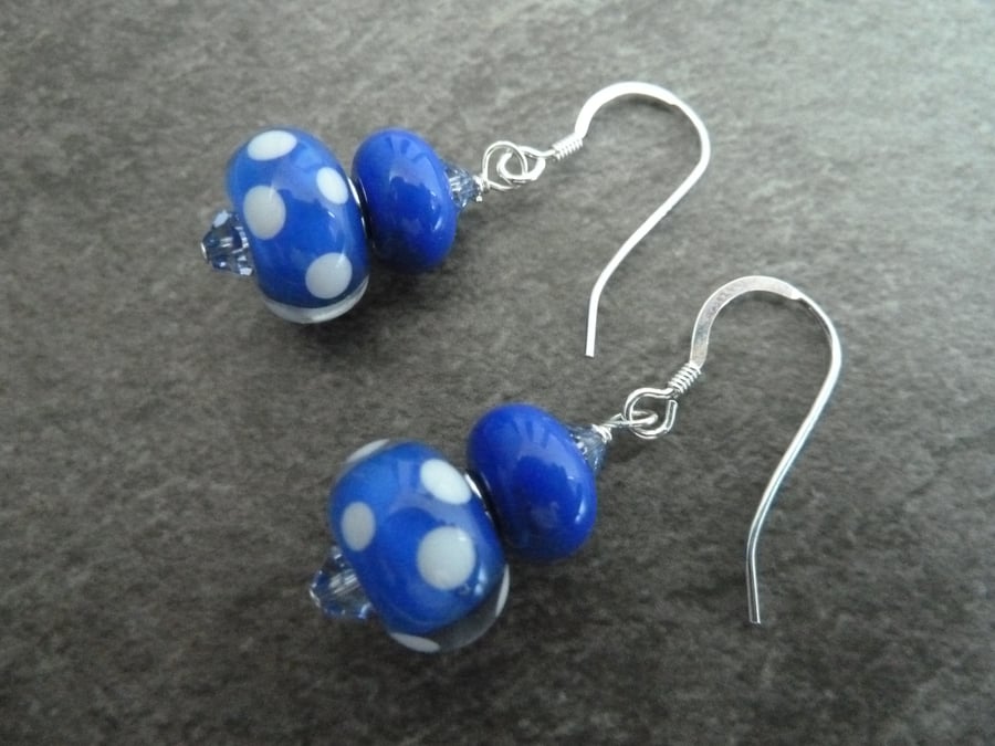 sterling silver earrings, blue polka dot