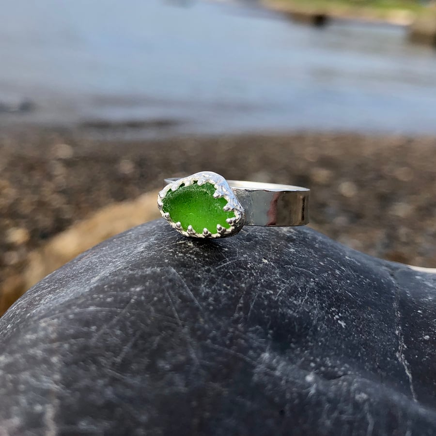Bright Green Sea Glass and Sterling Silver Ring - Size T- 1248