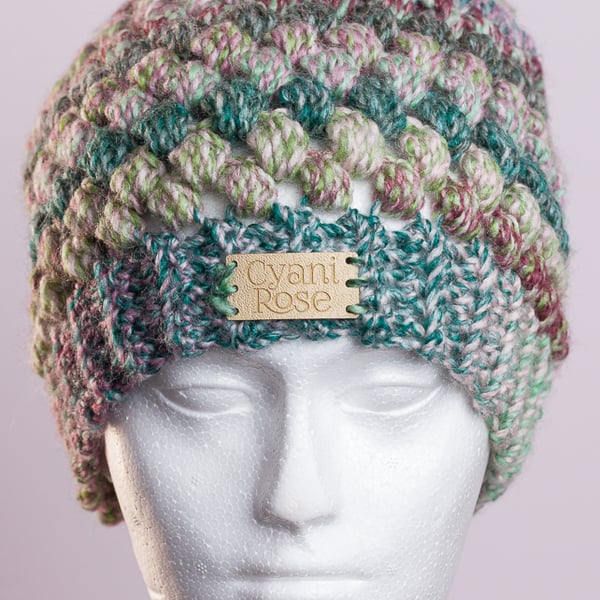 Beanie hat crochet puff stitch  mint choc chip colour handmade