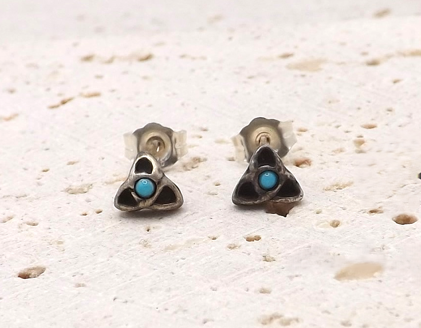 Recycled Sterling Silver Triquetra Stud Earrings with 1.5mm Turquoise Gemstones.
