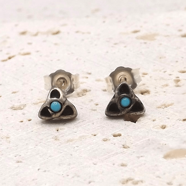 Recycled Sterling Silver Triquetra Stud Earrings with 1.5mm Turquoise Gemstones.
